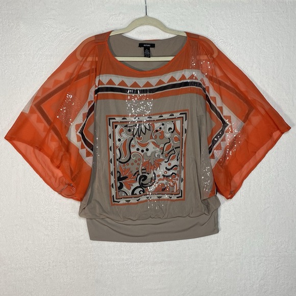 Alfani Orange/Beige/black sequins batwing paisley blouse size Large - Picture 1 of 7